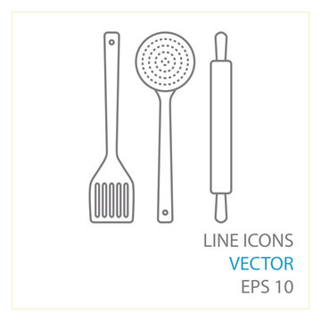 skimmer, spatula, rolling pin vector line icons