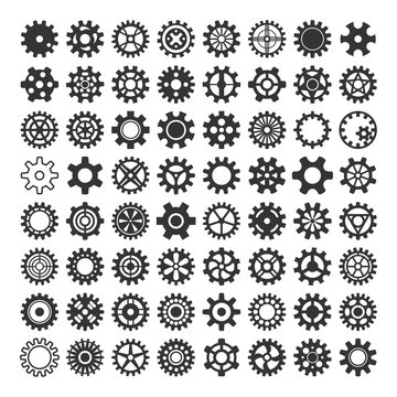 Vector black silhouette gears icons set machine wheel mechanism machinery mechanical, technology technical sign. Engineering symbol, round element gears icons. Gears icons work concept, industrial