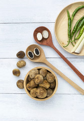 Fresh Barometer Earthstars, mushroom in wooden bow and lemongrass