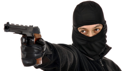 Dieb, Einbrecher, Räuber oder Krimineller mit Pistole als Waffe oder Schusswaffe