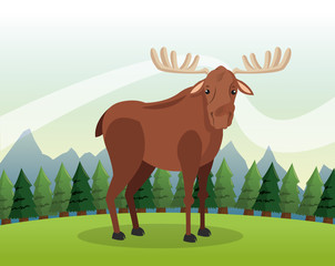 Fototapeta na wymiar Deer icon. Landscape background. Vector graphic