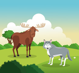 Deer and wolf icon. Landscape background. Vector graphic