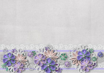 Vintage background with handmade flowers and lace