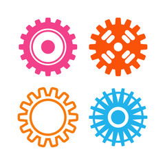 Vector gears icons set machine wheel mechanism machinery mechanical, technology technical sign. Engineering symbol, round element gears icons. Gears icons work concept, industrial design.