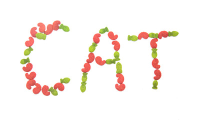 Inscription Cat of dry cat food isolated on white.