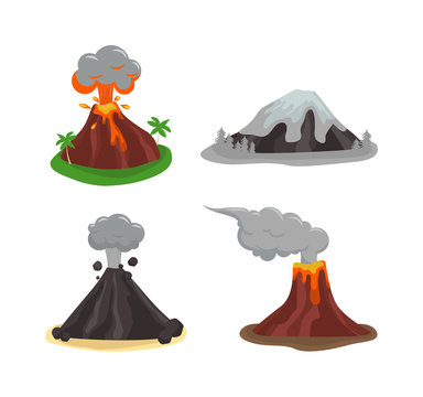 Volcano magma nature blowing up with lava flowing down vector set. Crater mountain volcano hot natural eruption nature. Volcano erupt ash fire hill landscape outdoor geology exploding ash.