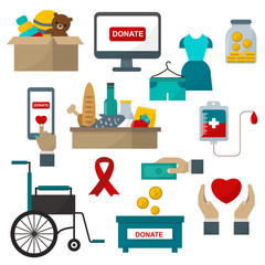 Donate help symbols charity organization heart flat icons set of food and clothes donation abstract isolated vector illustration. Humanitarian holding money donate help symbols. Donate symbols.