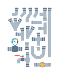 Set of color details pipes different types collection. Vector set of pipes water tube industry, gas valve construction. Oil industrial pressure technology plumbing pipes. Steel factory engineering.