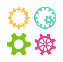 Vector gears icons set machine wheel mechanism machinery mechanical, technology technical sign. Engineering symbol, round element gears icons. Gears icons work concept, industrial design.