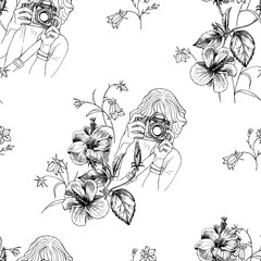 Seamless pattern with image of a Photographer with a flowers. Vector illustration.