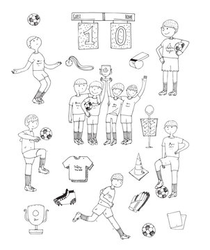 Hand drawn vector illustration with black and white soccer players, isolated on white background. Football stuff, happy winning team, training boys, accessories, football uniform, football boots, ball