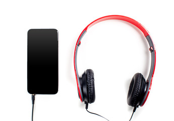 audio player with headphones isolated on white background