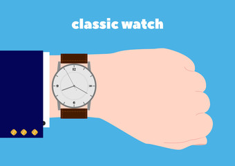 Hand and classic watches. Businessman's hand. Flat design.