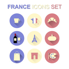 France icons set with long shadow. Vector illustration