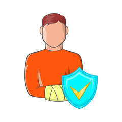 Man with broken arm and sky blue shield icon