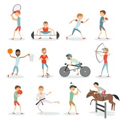 Fototapeta na wymiar Cartoon sport people. Athletes of different sports basketball, football, golf, jogging, karate, cycling, boxing, weightlifting, tennis, rugby. Vector eps 10 format