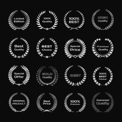 Set of silver metallic laurel wreath or frame. Bay leaf symbol of victory, championship, success and achievement. Vector eps 10 format.