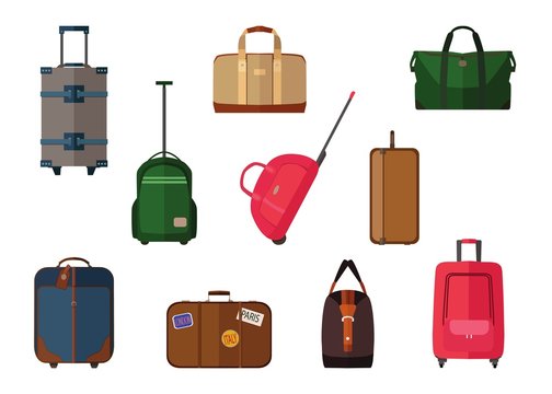 Different types of baggage carry-on luggage, bags, suitcases isolated. Set  of vector travel baggage icons, eps 10 format. Stock Vector | Adobe Stock