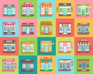 Different stores and shops icons set flat design style. Zoo, toys, baby, minimarket and guitar stall. Vector eps 10 format.