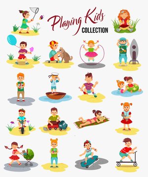 Vector children playing isolated. Cartoon kids, boy rides a bicycle, holding a balloon and play with the ball. Girl catches a butterfly, eating ice cream and playing with teddy bear.
