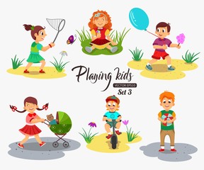 Сhildren playing character isolated vector illustration. Girl holding cotton candy and ice cream. Kids сartoon.