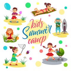 Obraz premium Kids summer camp vector, cartoon children. Girl sits and eats ice cream, butterfly catches and reading a book. Boy holding cotton candy.