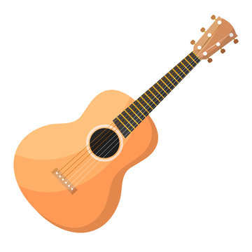 Classical acoustic wooden Cartoon guitar with strings on a white