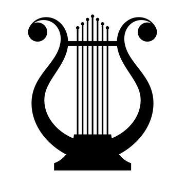 Black image of an ancient lyre musical instrument on a white bac
