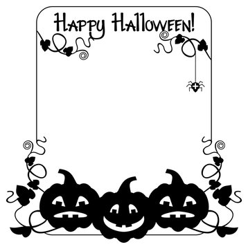 Black and white frame with Halloween pumpkin and text "Happy Halloween!" Vector clip art.