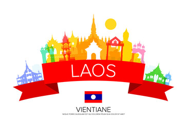 laos Travel Landmarks and flag.