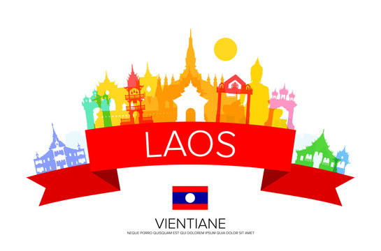 laos Travel Landmarks and flag.