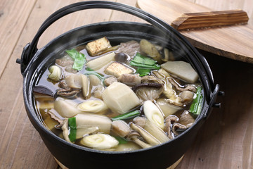 imoni, japanese hotpot cooking, taro potato and beef