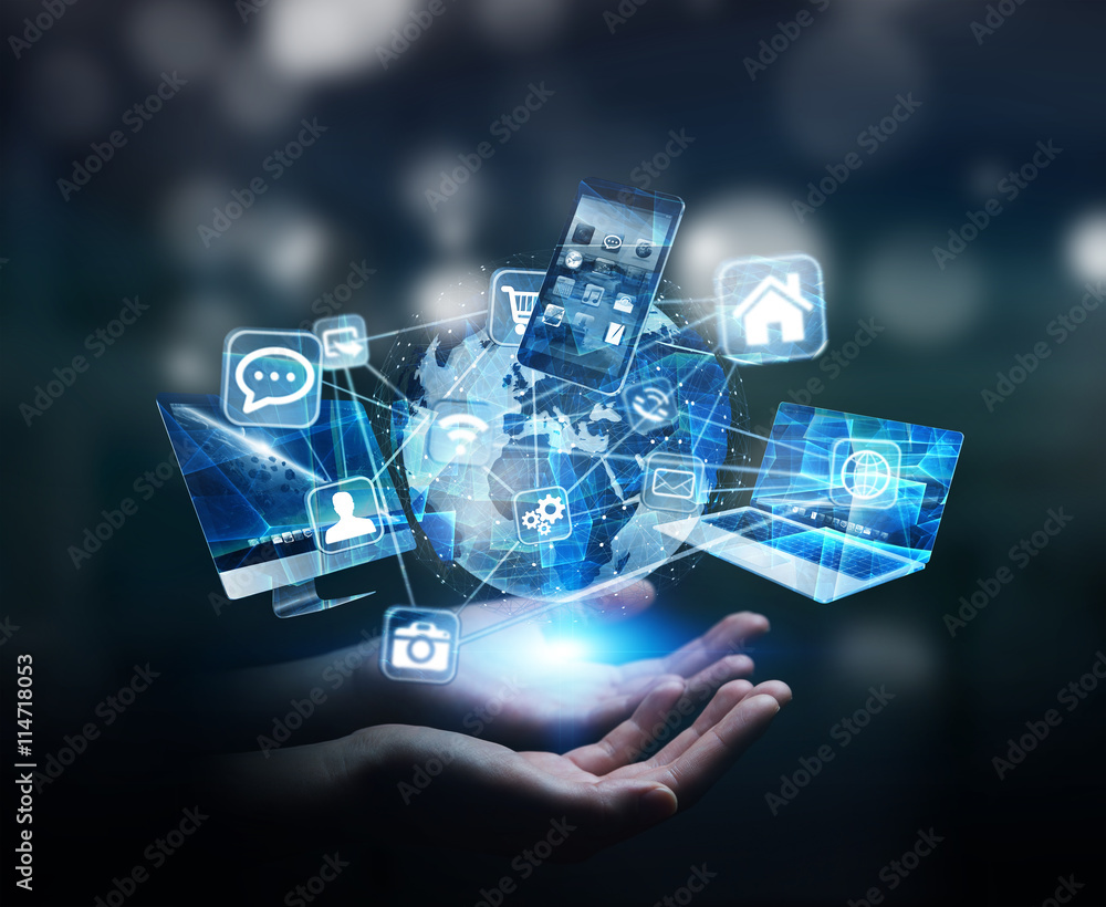 Aufkleber tech devices and icons connected to digital planet earth