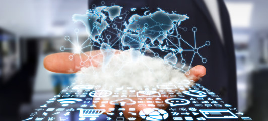 Businessman holding world and cloud © sdecoret
