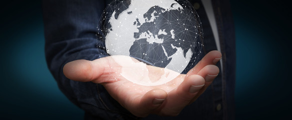 Businessman using digital tactile world interface with his finge