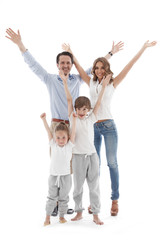 Happy family with raised hands