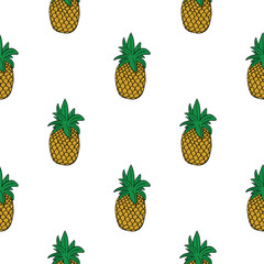 Hand drawn pineapple doodle seamless pattern on white background