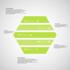 Hexagonal infographic template consists of five green parts on light background