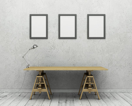 Room interior with empty concrete wall, wooden floor,  table, desk lamp and photo frames