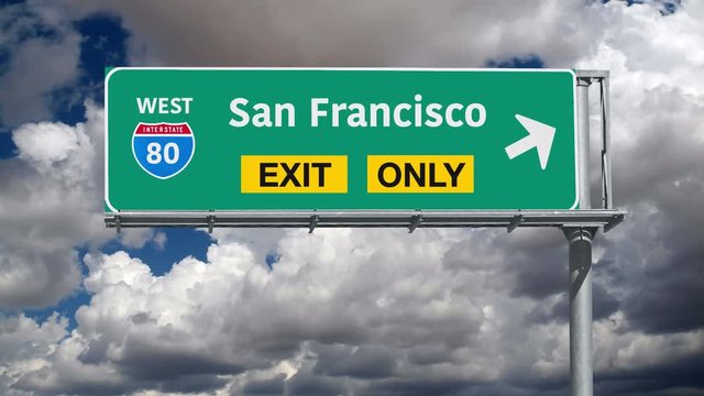 San Francisco California Interstate 80 exit only sign with time lapse clouds.
