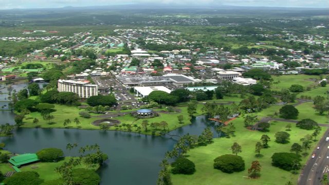 Wide aerial pan of Hilo, Hawaii