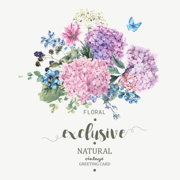 Floral Greeting Card with Blooming Hydrangea and garden flowers