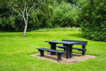 Picnic table beside a forest in summer in Milton Keynes, England