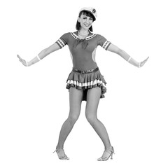colorless portrait of young dancer woman dressed as a sailor posing on an isolated white background
