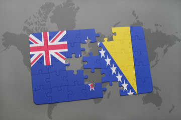 puzzle with the national flag of new zealand and liechtenstein on a world map background