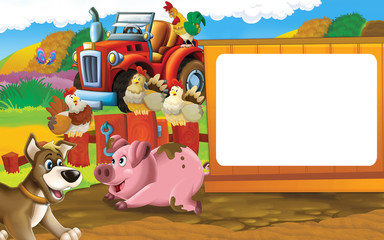 Cartoon farm scene with different animals - dog pig and hens - illustration for children