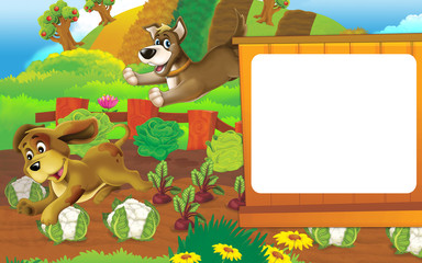 Cartoon farm scene with different animals - dogs are chasing trough the vegetable field - illustration for children