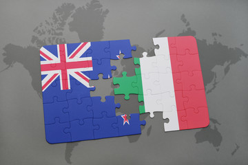puzzle with the national flag of new zealand and liechtenstein on a world map background