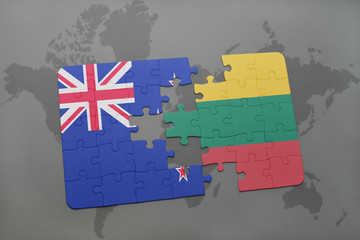 puzzle with the national flag of new zealand and lithuania on a world map background