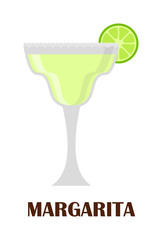 Margarita drink with lime slice isolated on white. Beverage drink refreshment ice tequila juice margarita cocktail. Vector classical margarita cocktail liquor salt garnish party cool liquid.